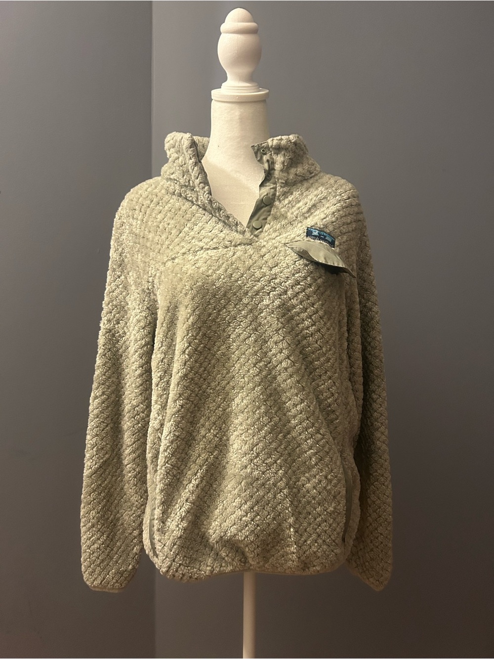 Olive Green Textured Sherpa Pullover with Snap Collar